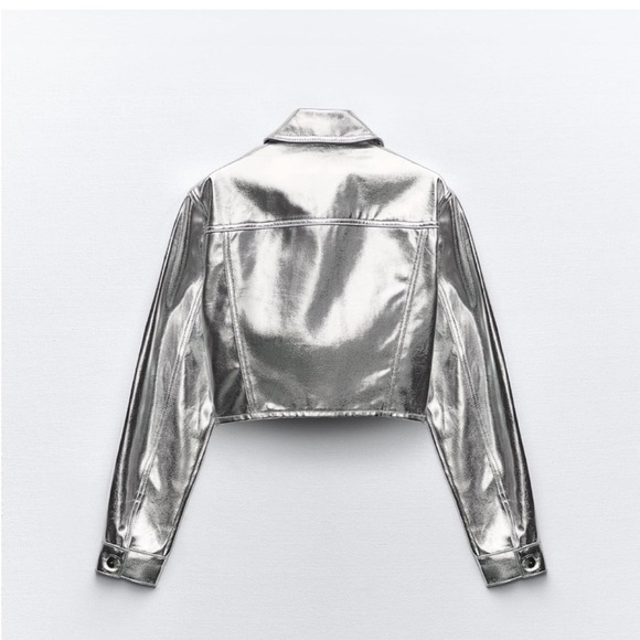 NWT Zara Silver Denim Jacket XS | silver metallic denim cropped jacket - Picture 3 of 10
